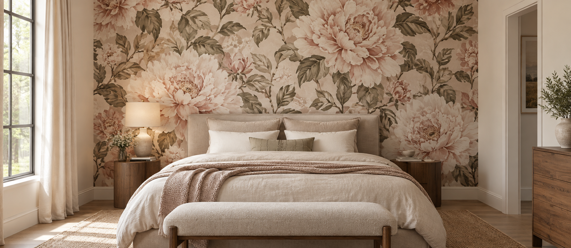 A bedroom with a floral wallpaper accent wall behind the bed