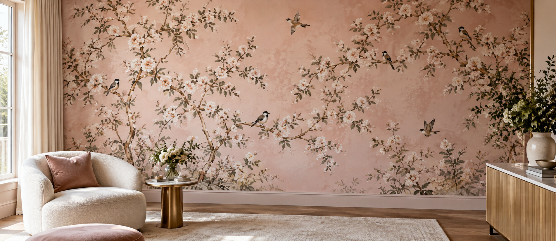 A pink floral branch mural in a refined sitting room