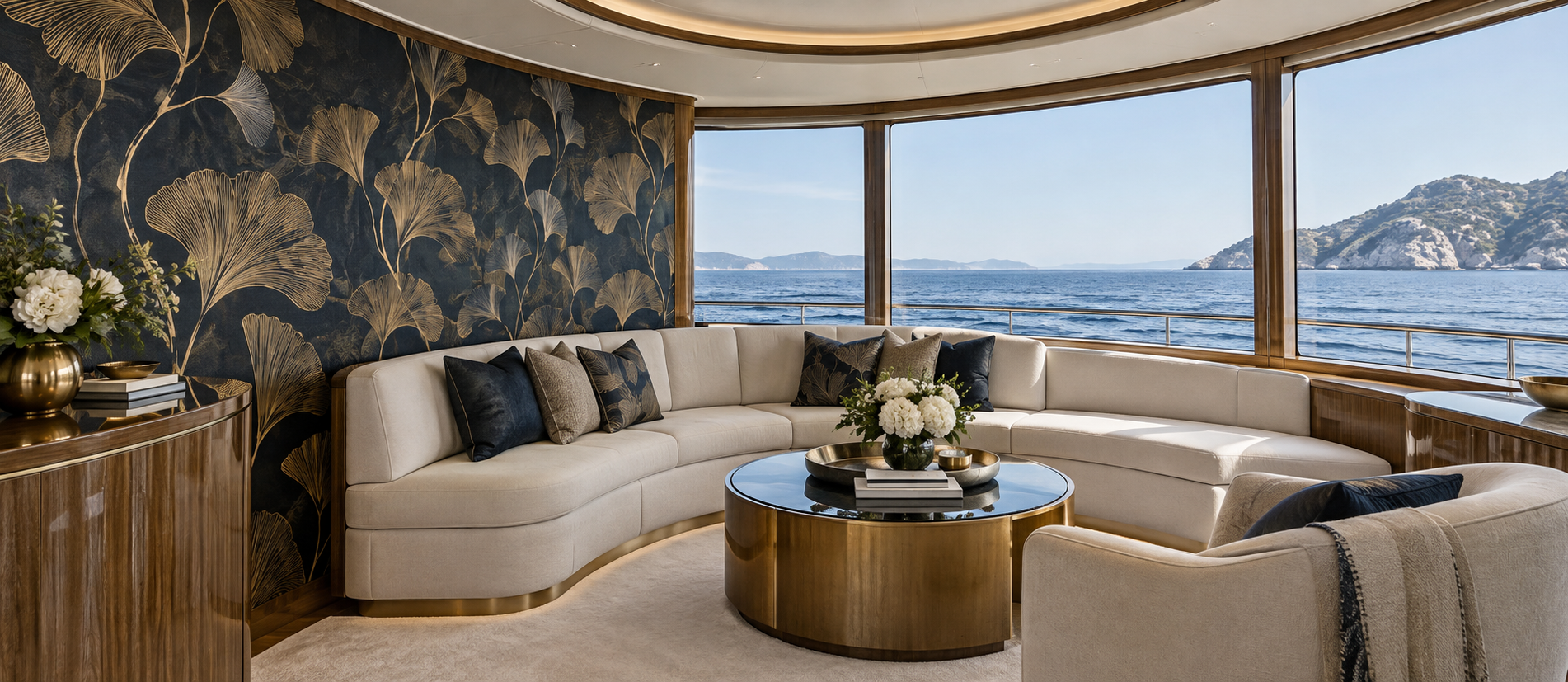 A yacht salon with dark botanical wallpaper and ocean views