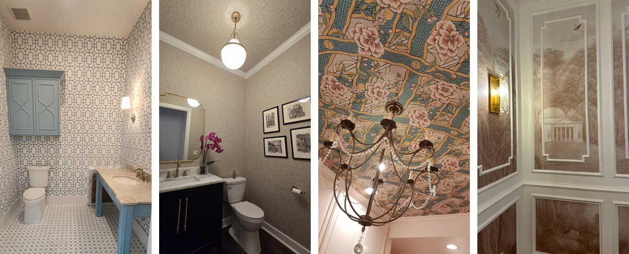 Four wallpaper projects featuring patterned bathroom walls, floral ceiling paper, and framed wallcovering panels