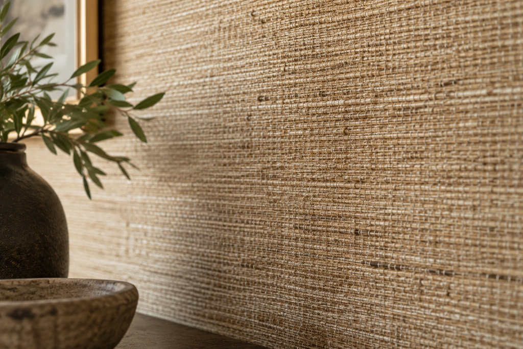 Close-up of natural tan grasscloth wallpaper with visible woven fibers