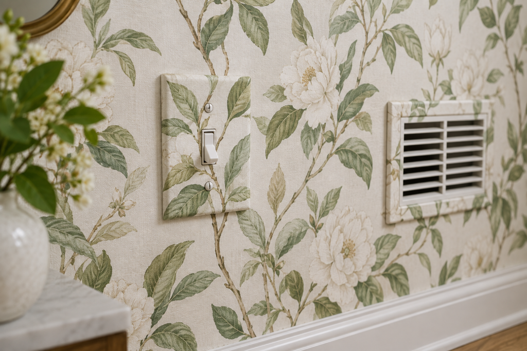 Pattern-matched botanical wallpaper switch plate beside an unobstructed vent grille