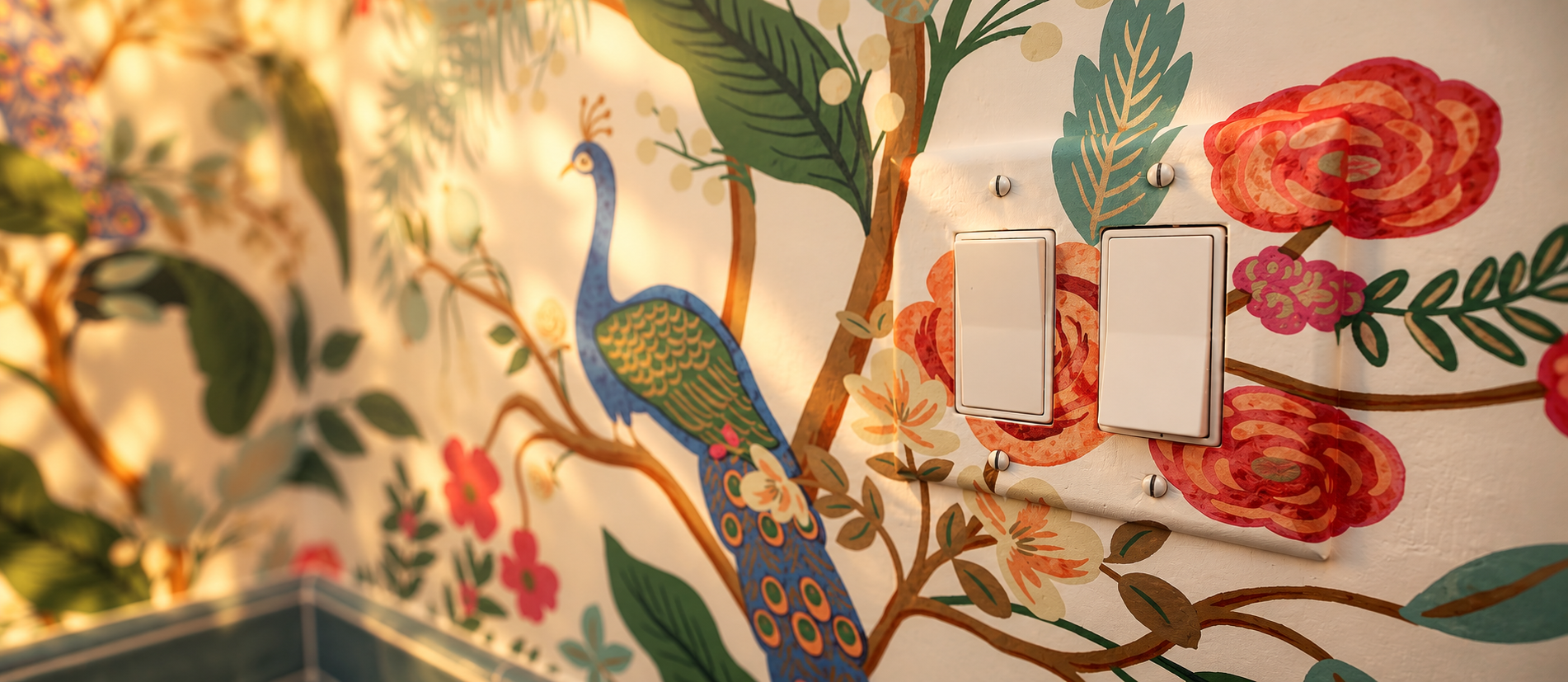 Wallpapered light switch cover on peacock and floral wallpaper in warm light