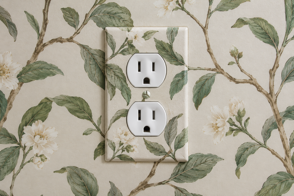 Wallpaper-covered outlet plate with botanical pattern aligned to the surrounding wall