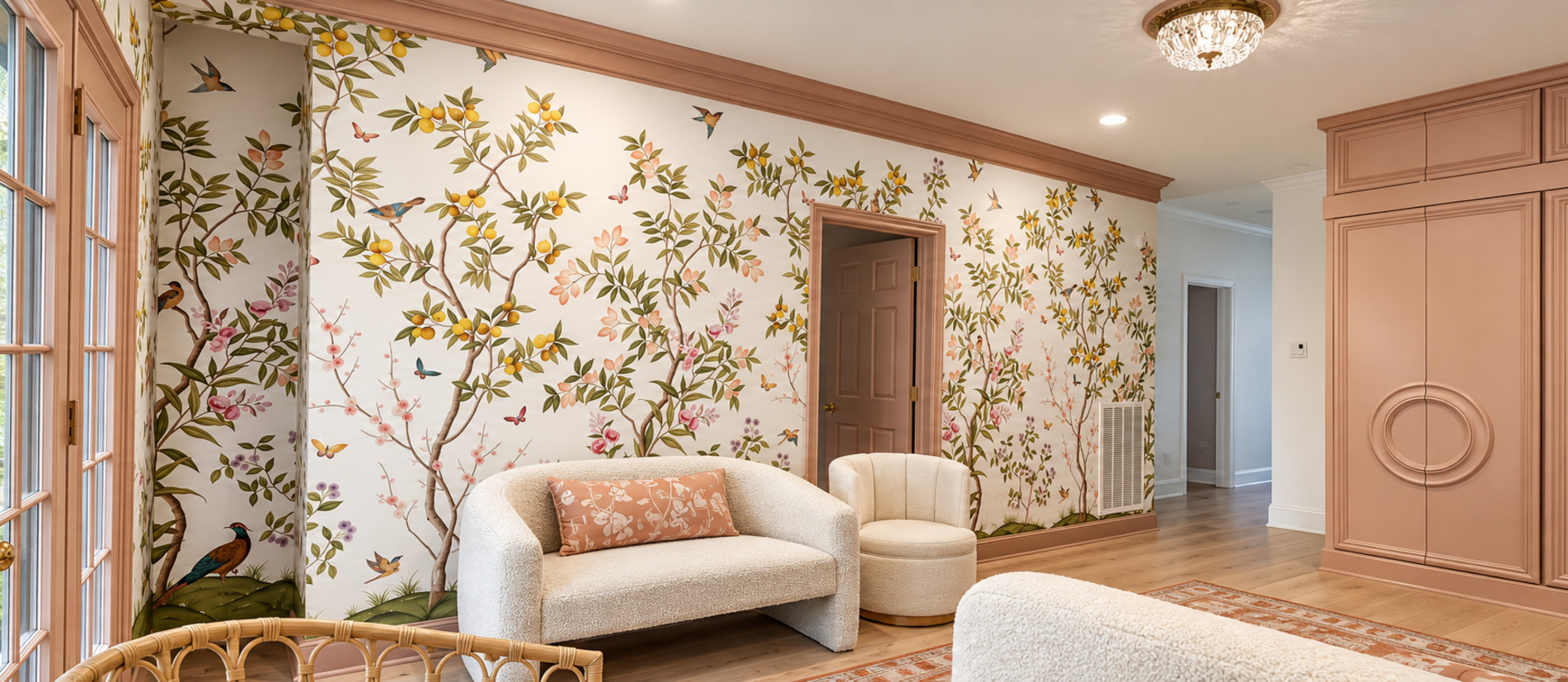 Finished living room with botanical bird and citrus wallpaper, blush cabinetry, and cream seating