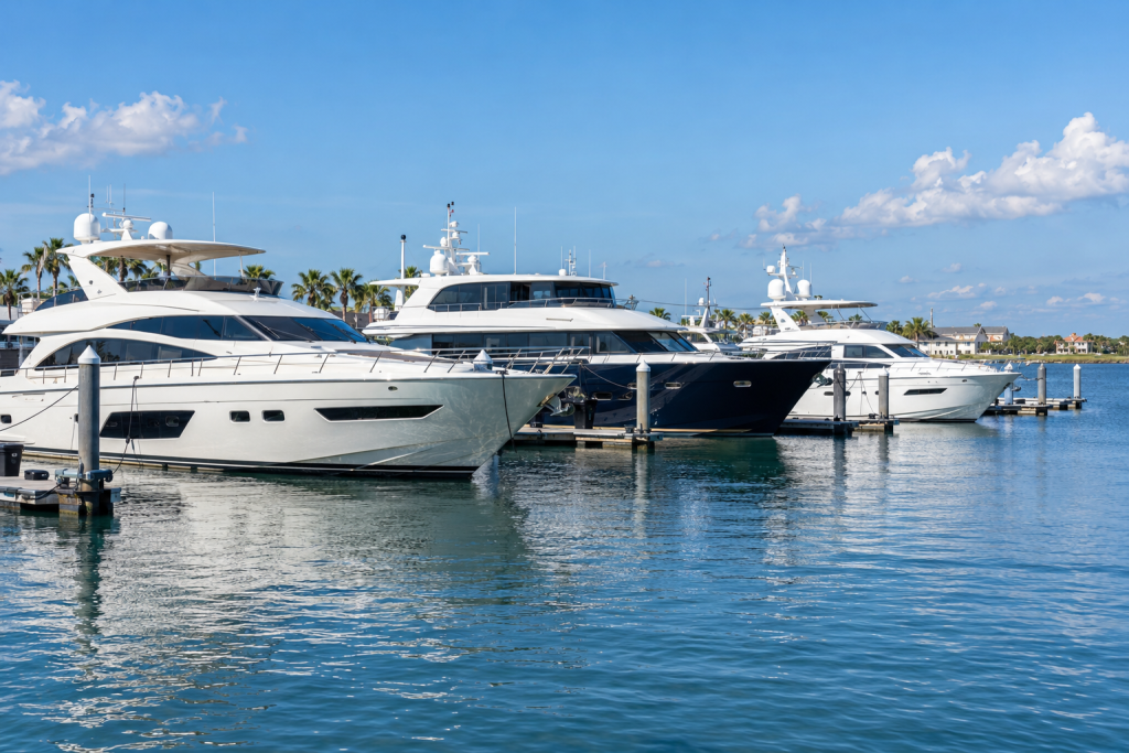 Illustration of large yachts in a sunny Galveston Bay-style marina near Houston